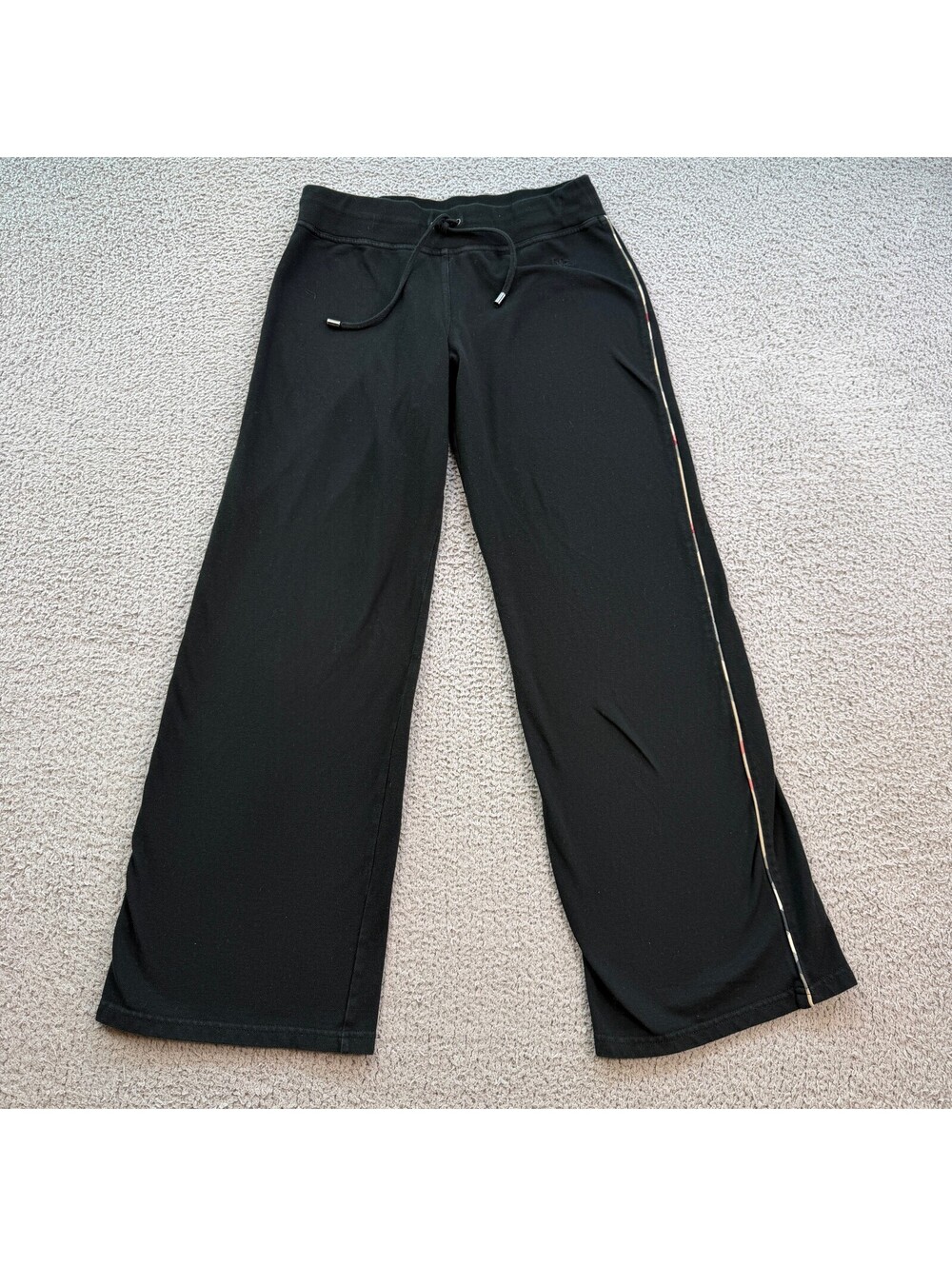 Burberry London Black Wide Leg Lounge Pants Nova Check Trim Drawstring Womens S